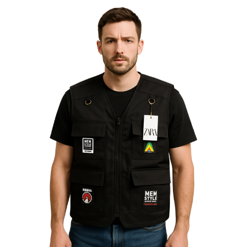 Men’s Black Utility Vest with Stylish Patchwork & Zipper Front