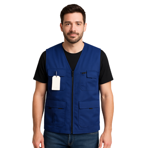 Men’s Blue Utility Vest with Multiple Pockets – Cotton Jeans Fabric