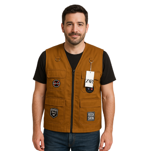 Men’s Brown Utility Vest with Patchwork & Multiple Pockets