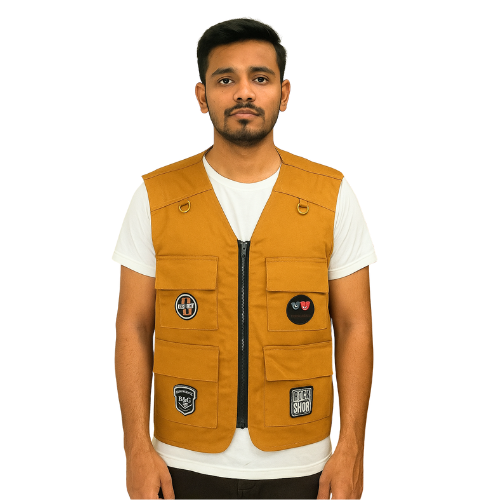 Men’s yellowish-brown Utility Vest with Patchwork & Multiple Pockets